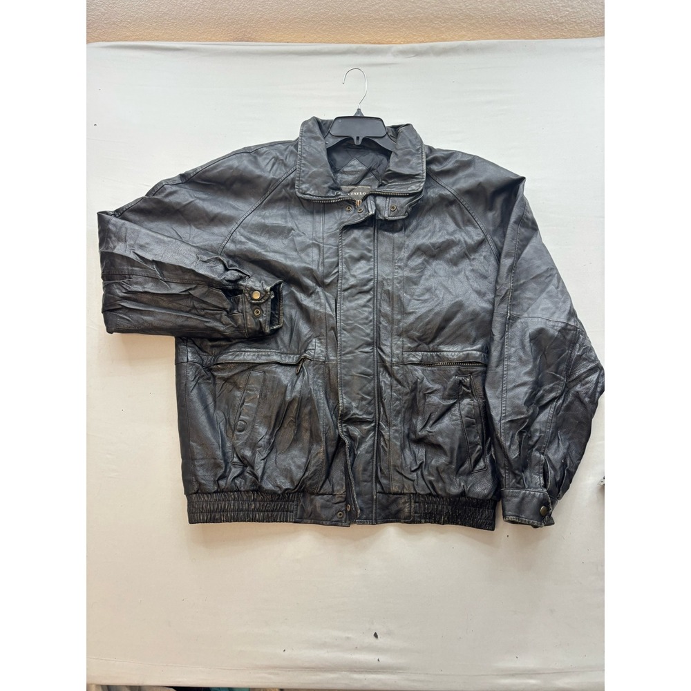 David Taylor Mens Black Leather Bomber Jacket Vintage Quilted Lined Size LT